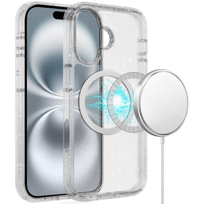 For Apple iPhone 16 Pro (6.3") Transparent Glitter Bling Sparkly Shiny Case Hybrid Magnetic Circle Compatible with MagSafe Shockproof Case Cover