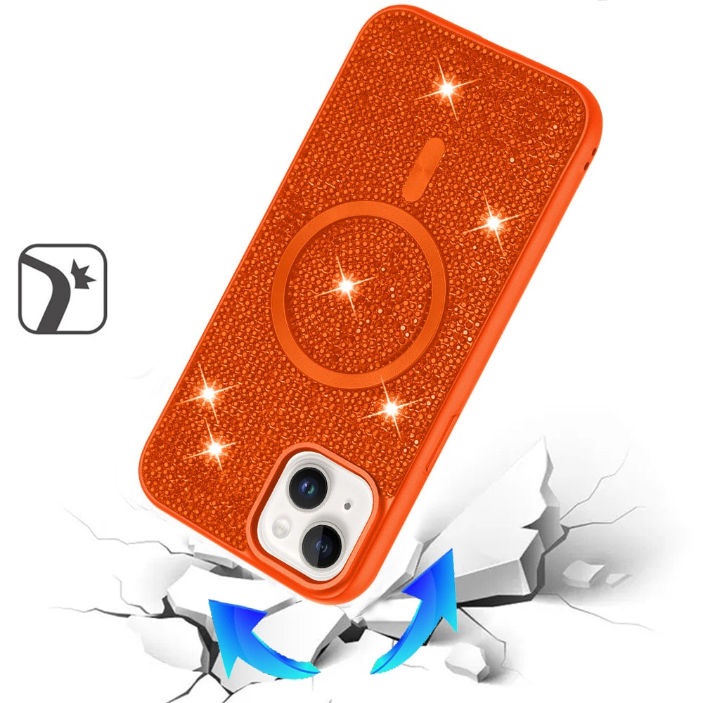 Phone Case for Apple iPhone 14/13 Magnetic Bling Diamond Sparkle Hybrid Shockproof Rugged Grip Durable Protection Anti-Slip Armor Design Cover Cosmic Orange