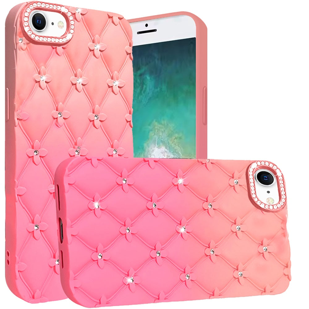 For Apple iPhone 17E /16E Fashion Flower Design Sparkle Glitter Shimmer Rhinestone Bling Floral Accents, Leather Texture TPU Case Cover
