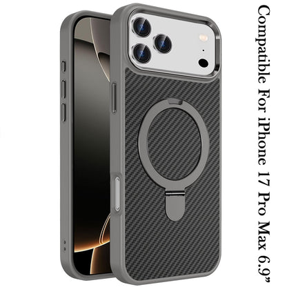 Phone Case for Apple iPhone 17 Pro Max Carbon Fiber Magnetic Ring Stand Hybrid Shockproof AntiSlip Grip Kickstand Military Drop Protection Matte Finish Cover Gray