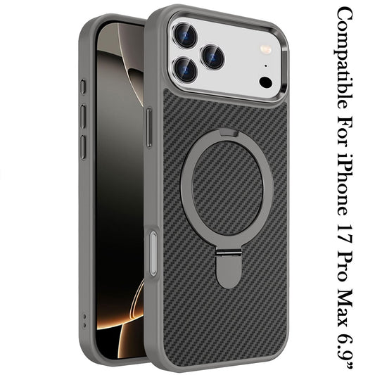 Phone Case for Apple iPhone 17 Pro Max Carbon Fiber Magnetic Ring Stand Hybrid Shockproof AntiSlip Grip Kickstand Military Drop Protection Matte Finish Cover Gray