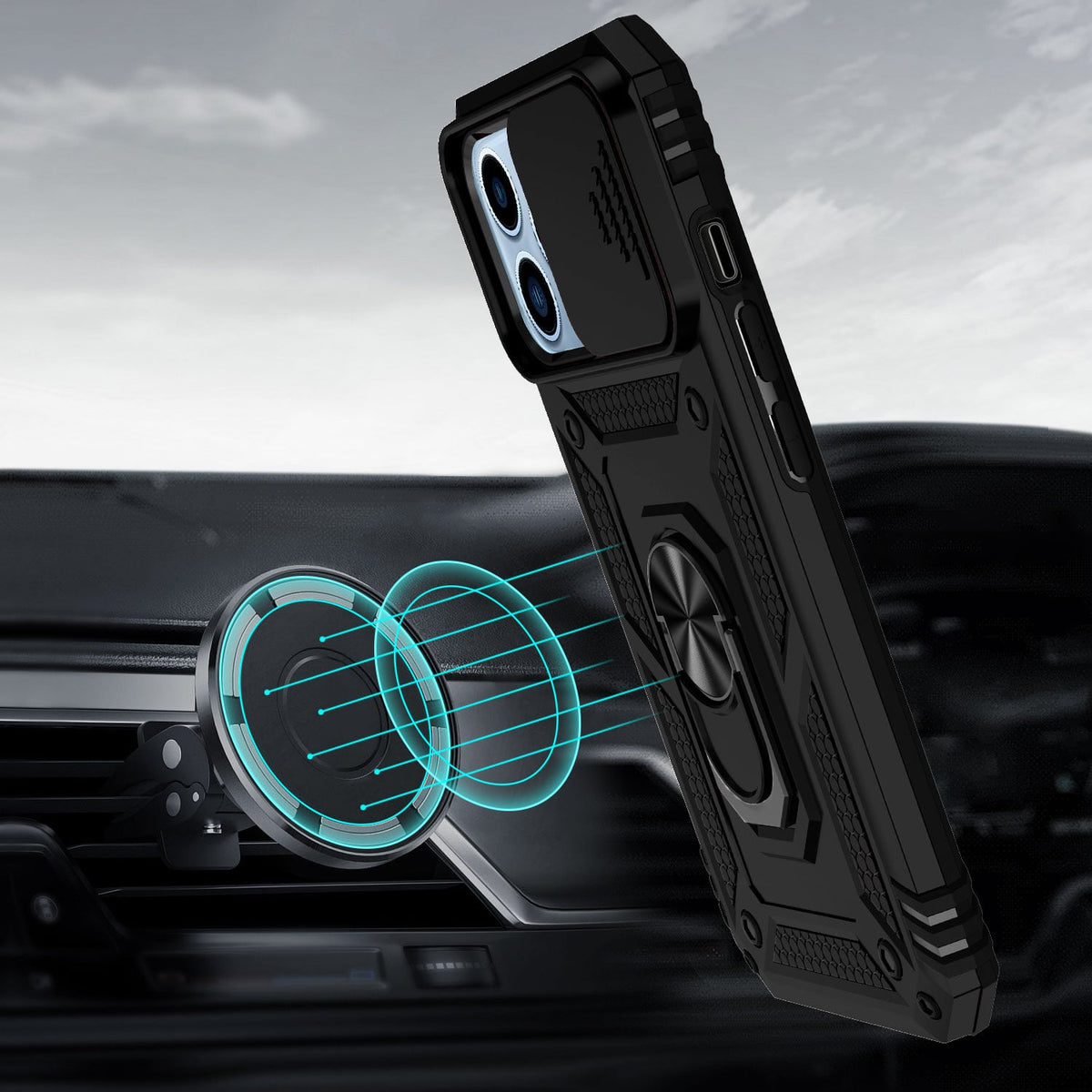 For iPhone 14/13 (6.1") Hybrid Ring Shockproof with 360° Rotate Ring Kickstand, Camera Lens Protection, Soft Edge Bumper Case Cover Black