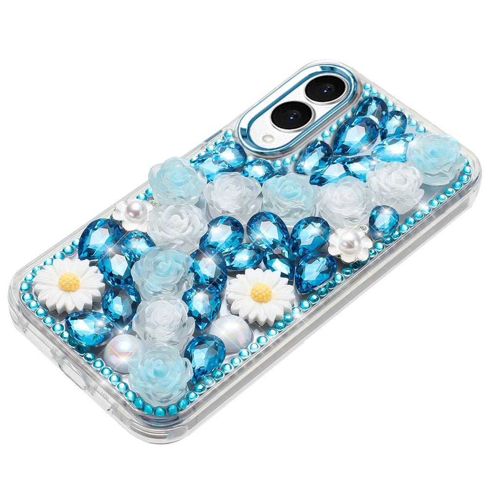 For Samsung Galaxy S25 Edge Fashion Daisy Floral Series, Full 3D Bling Crystal Diamonds Sparkling Rhinestone Glitter Hybrid Design Case Cover