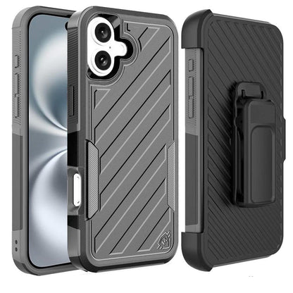 Phone Case for Apple iPhone 16 Rugged Shockproof Dual Layer Armor Impact Resistant with Belt Clip Holster Protective Grip Durable Heavy Duty Cover Black