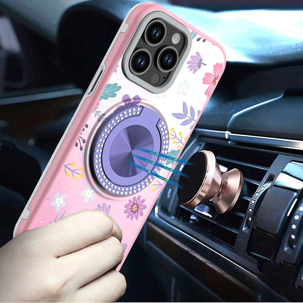 For Apple iPhone 15 Pro Max Pattern Design Hybrid with Invisible Ring Stand & Magnetic Back, Shockproof Protective Grip Case Cover