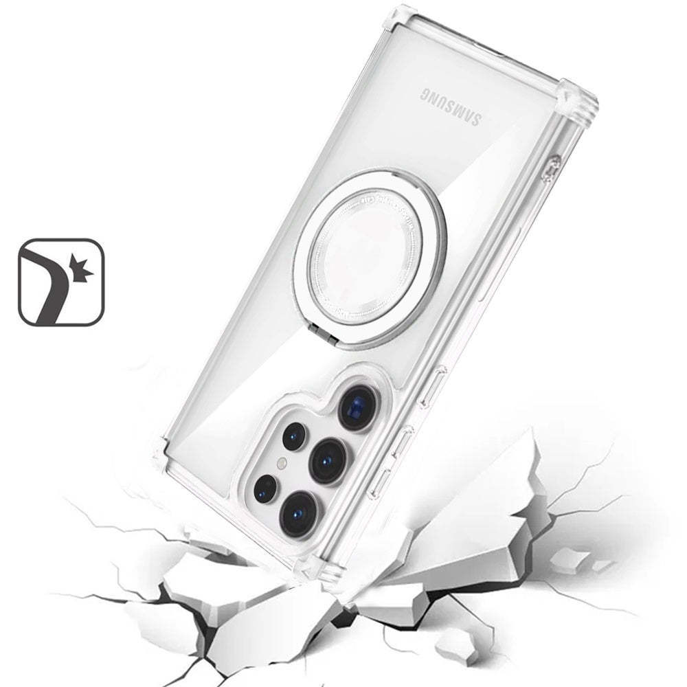Phone Case for Samsung Galaxy S24 Ultra Magnetic Shockproof 360 Degree Rotational Ring Stand Protective Transparent Design Cover Clear