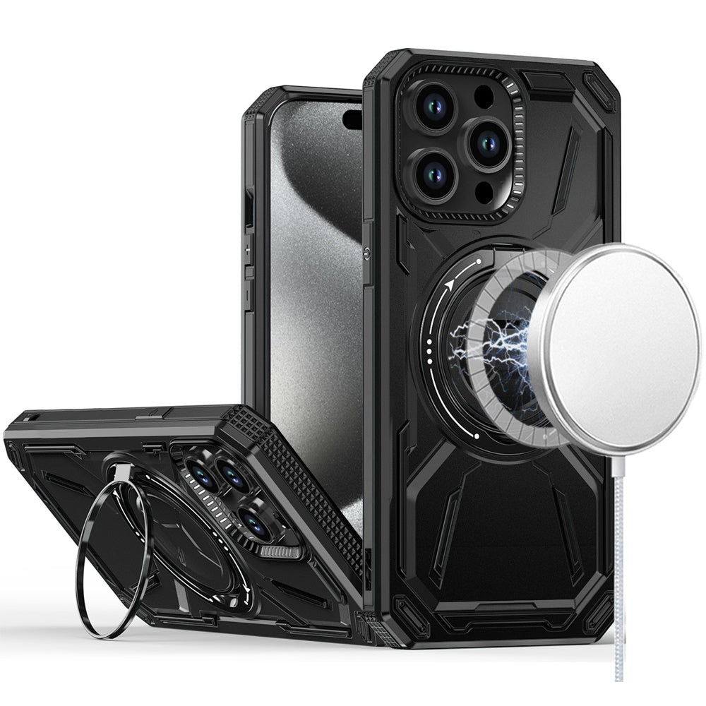 For Apple iPhone 15 Pro Hybrid Magnetic Ring and 360° Rotational Kickstand with MagSafe Compatible, Military Grade Drop Protection Case Cover Black
