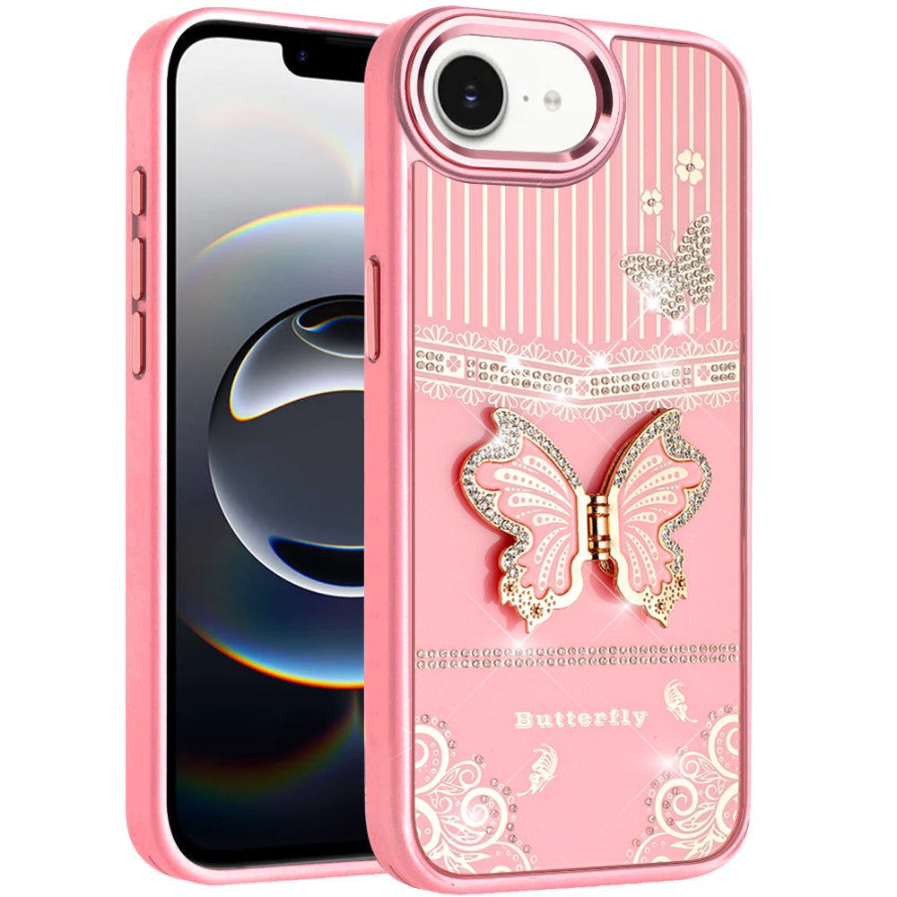 For Apple iPhone 17E /16E Glitter 3D Butterfly Design Bling Metallic Edge Hybrid Stand Drop Protection TPU Shockproof Case Cover