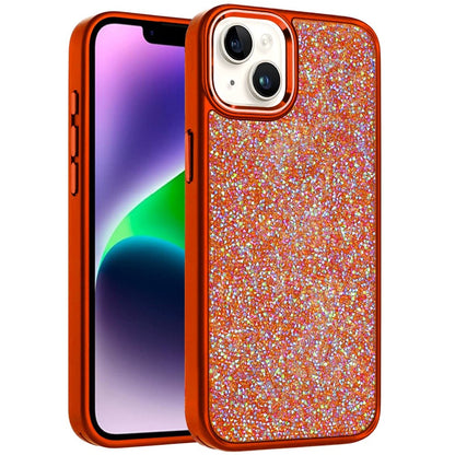 Phone Case for Apple iPhone 14/13 Crystal Glass Bling Diamond Metallic Edge Shockproof Durable Protective Clear Hybrid Stylish Premium Design Cover Cosmic Orange