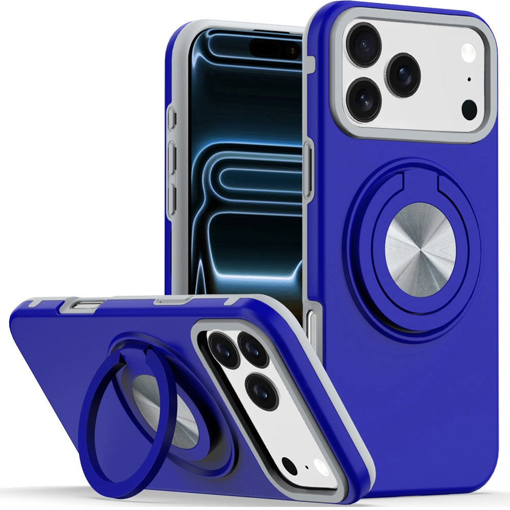 Phone Case for Apple iPhone 18 Pro Max Shockproof Magnetic Ring Stand Rotating CarMount Hybrid Metal Matte Finish AntiSlip Grip Kickstand Cover Blue