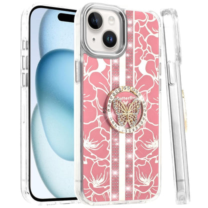 Phone Case for Apple iPhone 15 Floral Butterfly Ring Stand Glitter Bling Shockproof Hybrid Luxury Fashion Protective Anti Slip Durable Grip Cover
