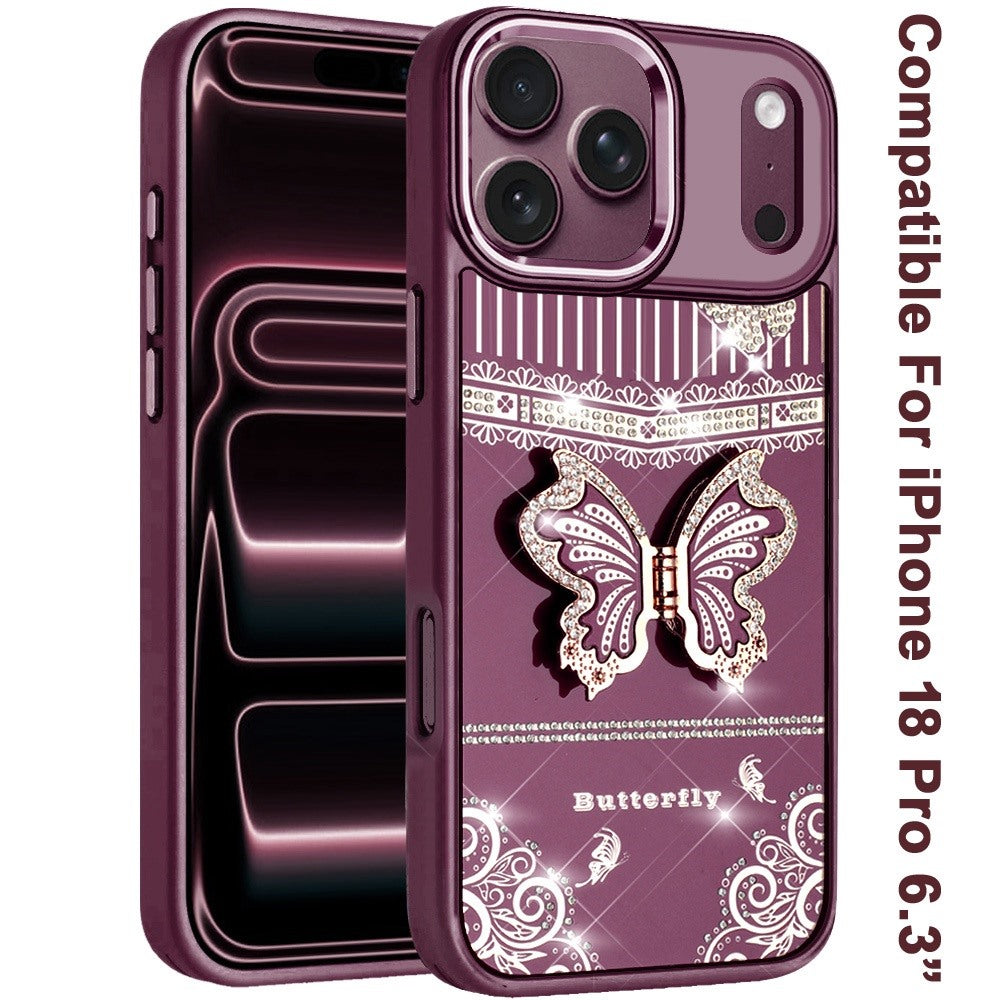 Phone Case for Apple iPhone 18 Pro/ 17 Pro Glitter Bling Butterfly Stand Metallic Edge Hybrid Shockproof Grip Durable Camera Protection Stylish Design Cover Purple
