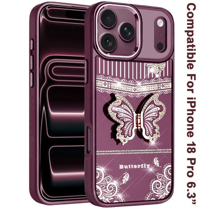 Phone Case for Apple iPhone 18 Pro/ 17 Pro Glitter Bling Butterfly Stand Metallic Edge Hybrid Shockproof Grip Durable Camera Protection Stylish Design Cover Purple