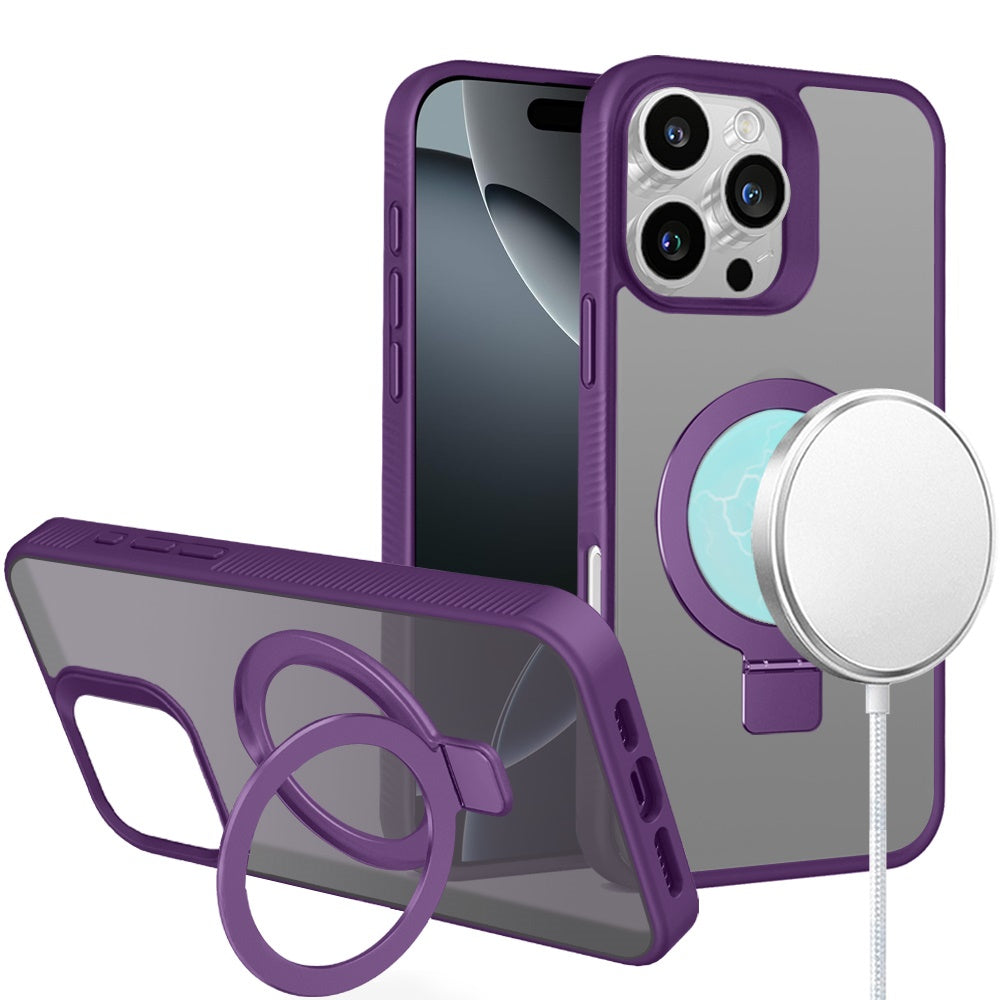 For iPhone 16 Pro Max (6.9") Magnetic Circle Kickstand with MagSafe Compatibility, Matte Skin, Rugged Bumper, and Ring Holder Protector Purple