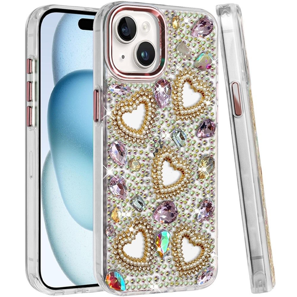 Phone Case for Apple iPhone 15 Luxury Crystal Heart Rhinestone Diamond Bling Shockproof Hybrid Glitter Protective Stylish Durable Grip Cover