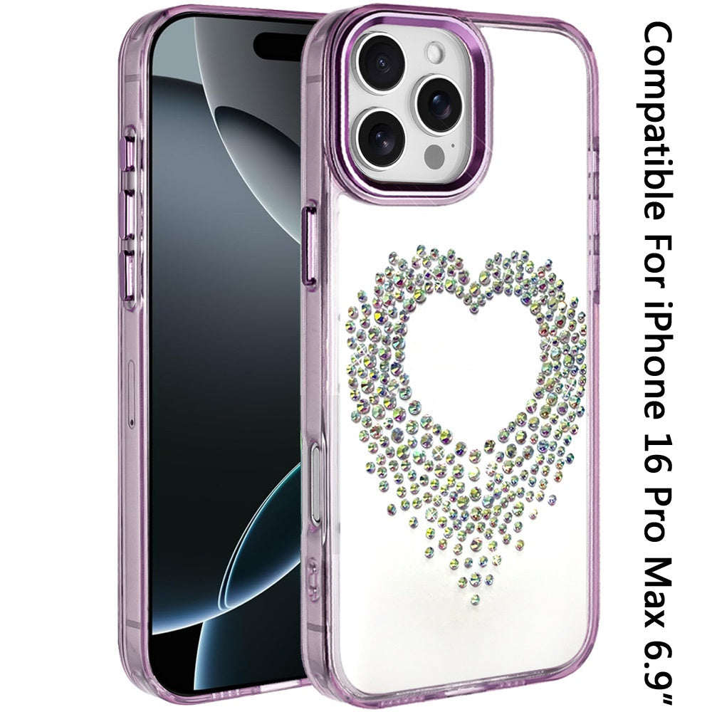 For iPhone 16 Pro Max (6.9") Angel Hearts Bling Glitter Diamond Hybrid TPU Cover, Colorful Frame Shockproof Protective Back Case Cover Silver
