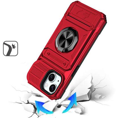 Phone Case for Apple iPhone 15 Multi Functional Card Slot Shockproof Metal Ring Hybrid Wallet Rugged Protective Grip Heavy Duty Durable Cover Red