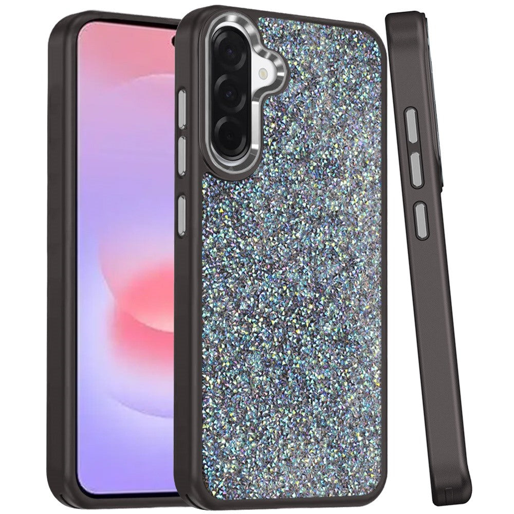 Phone Case for Galaxy A37 Crystal Glass Bling Diamond Metallic Edge Shockproof Durable Protective Clear Hybrid Stylish Premium Design Cover