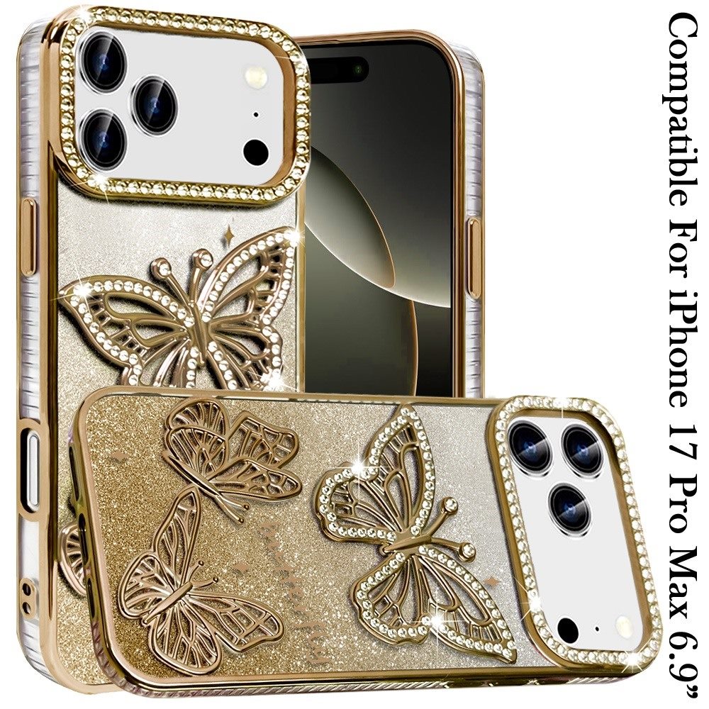 Phone Case for Apple iPhone 17 Pro Max (6.9") Butterfly Freedom Shimmer Glitter Thick TPU Shockproof Anti Slip Durable Protective Design Cover