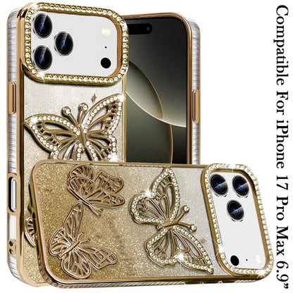 Phone Case for Apple iPhone 17 Pro Max (6.9") Butterfly Freedom Shimmer Glitter Thick TPU Shockproof Anti Slip Durable Protective Design Cover