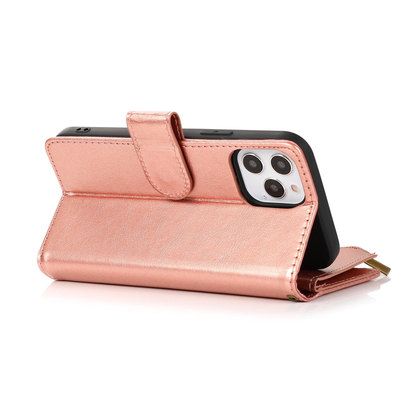 For Apple iPhone SE 4 Leather Zipper Wallet Case 9 Credit Card Slots Cash Money Pocket Clutch Pouch with Stand & Strap Case Cover Rose Gold