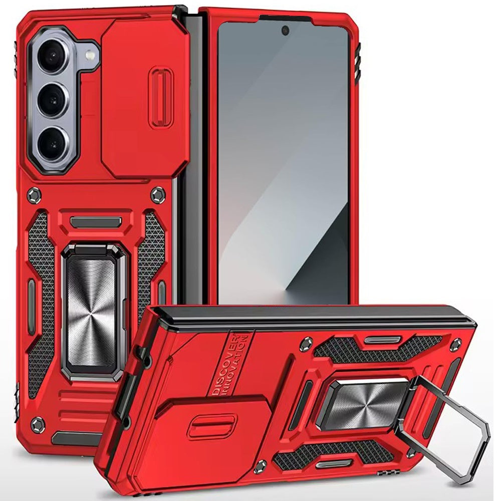 For Samsung Galaxy Z Fold 7 Tough Hybrid Case with Movable Camera Window & Metal Ring Stand Shockproof Case Cover Navy Blue