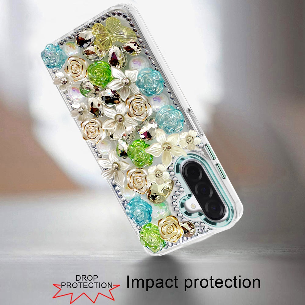For Samsung Galaxy A57 3D Diamond Floral Roses Flower Bling Stone Hybrid, Sparkly Rhinestone Gemstone Back Shockproof Case Cover