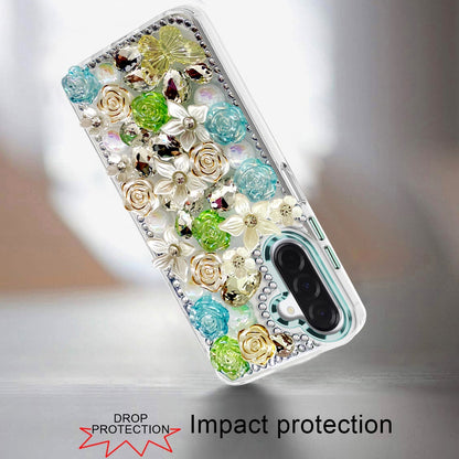 For Samsung Galaxy A57 3D Diamond Floral Roses Flower Bling Stone Hybrid, Sparkly Rhinestone Gemstone Back Shockproof Case Cover