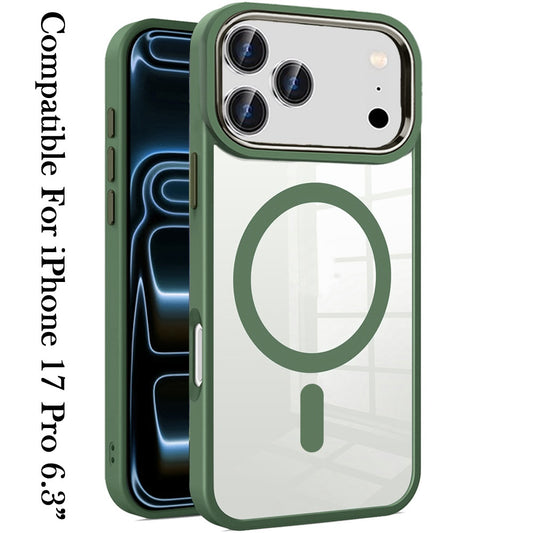 Phone Case for Apple iPhone 17 Pro Clear Acrylic Magnetic Circle Shockproof Hybrid Metal Button TPU Drop Protection Rugged Slim Durable Armor Cover Midnight Green