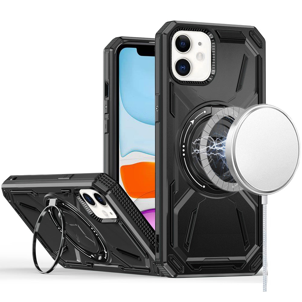 For Apple iPhone 15 Plus Hybrid Magnetic Ring and 360° Rotational Kickstand with MagSafe Compatible, Military Grade Drop Protection Case Cover Black