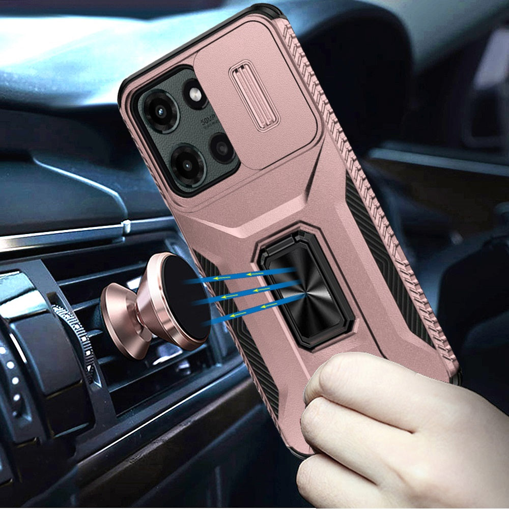 For Motorola Moto G 5G 2025 Case, Camera Cover with Magnetic Rotation Ring Stand, Military Grade Hybrid Hard TPU Shockproof Case Cover Rose Gold