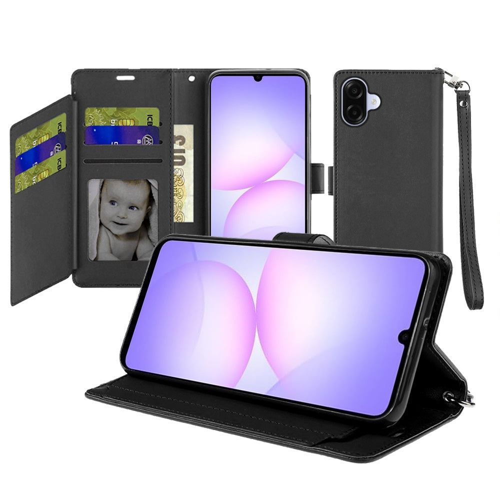 Phone Case for Samsung Galaxy A08 4G, A07 5G, A07 4G Leather Wallet Folio Credit Card Holder with Magnetic Closure Wrist Strap Classic Flip Design Storage Slots Cover