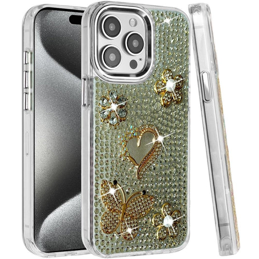 Phone Case for Apple iPhone 15 Pro Max Luxury Crystal Butterfly Floral Jeweled Heart Full Diamond Design, Sparkling Decorative Details, Elegant Style Cover Silver
