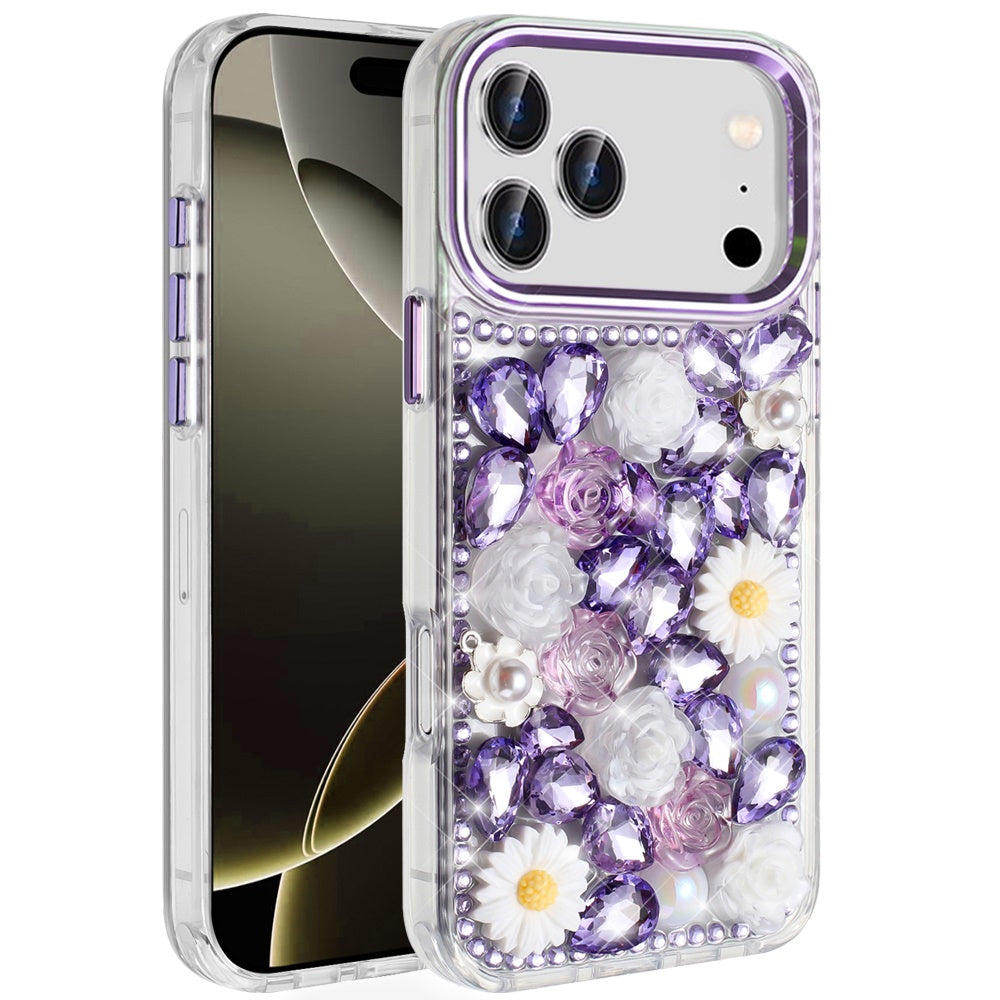 For Apple iPhone 17 Pro Max (6.9") Fashion Daisy Floral Series, Full 3D Bling Crystal Diamonds Sparkling Rhinestone Glitter Hybrid Design Case Cover