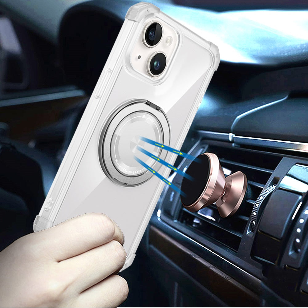 For iPhone 15 (6.1") Magnetic [Compatible with Magsafe] with 360° Rotatable Ring Holder Invisible Stand Transparent Case Cover Clear