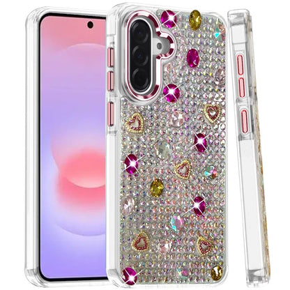 Phone Case for Samsung Galaxy A37 Chrome Fashion Hybrid Bling Diamond Heart Rhinestone Decorative Stones Sparkling Embellished Design Cover Purple