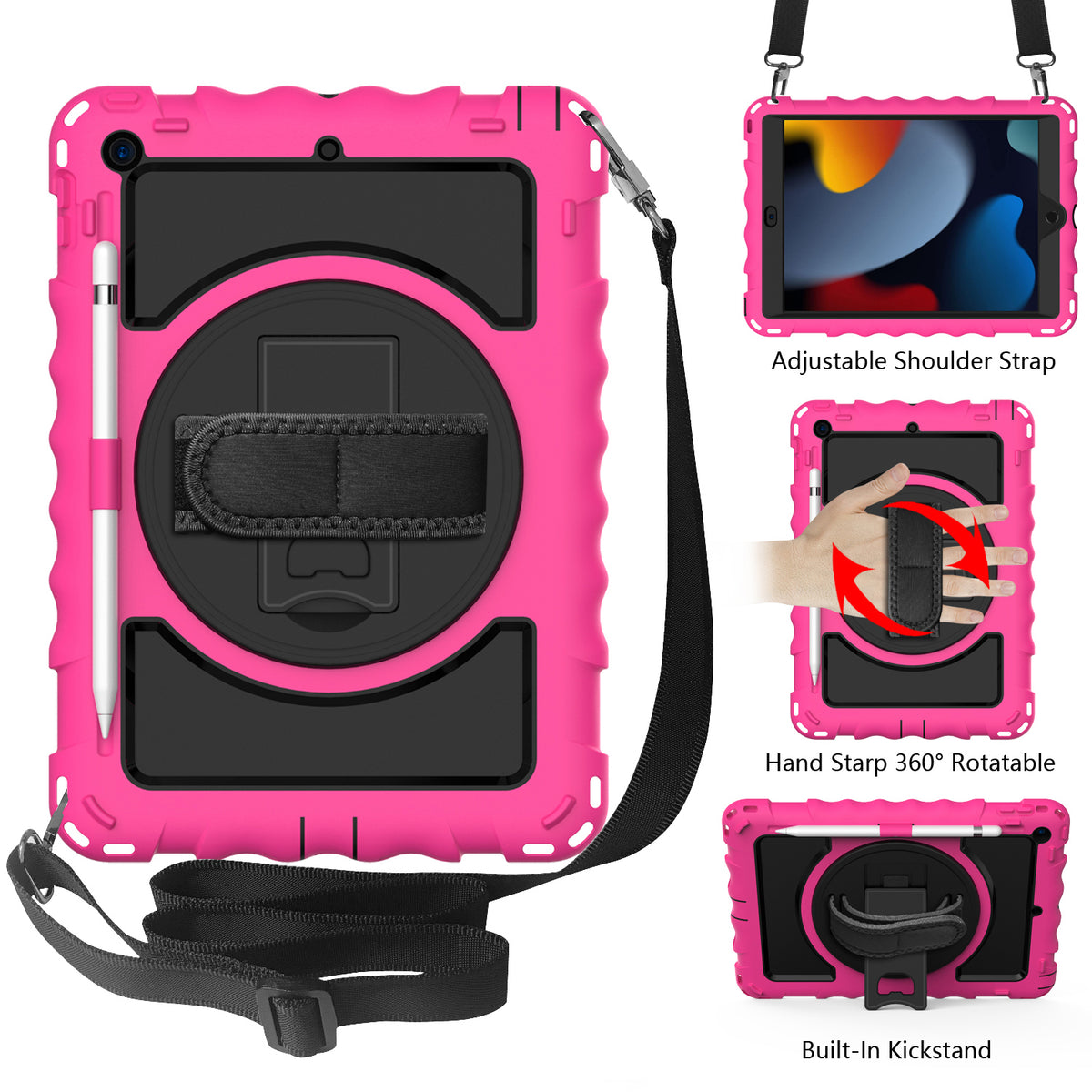 Tablet Case for Apple iPad 9th 8th 7th Gen (10.2 inch) 360 Rotating Hybrid Heavy Duty Kickstand Hand Strap Shoulder Strap Full Body Drop Protection Cover Pink