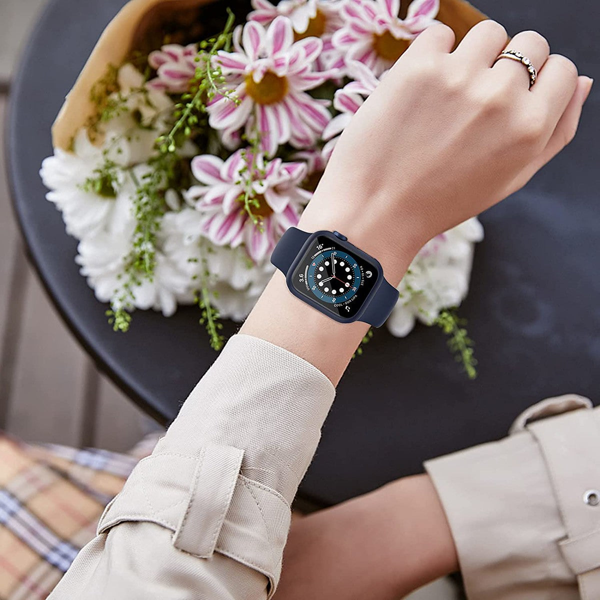 For Apple Watch Size 42mm Hard PC Electroplate Frame Face Full Coverage Protective with Tempered Glass Screen Protector Case Cover Black
