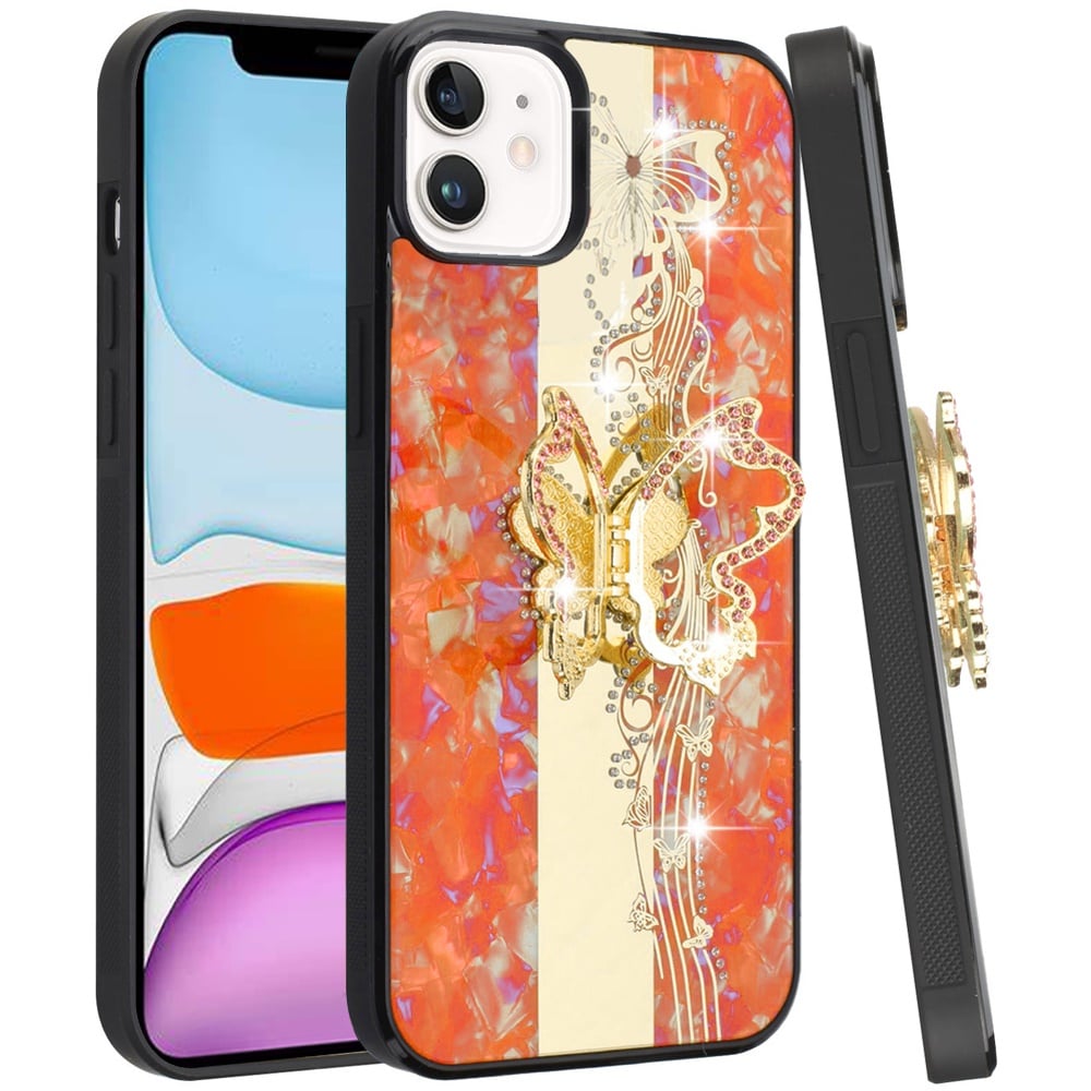 For Apple iPhone 11 Diamonds 3D Fashion Bling Sparkly Glitter Ornaments Engraving Hybrid with Ring Stand Case Cover
