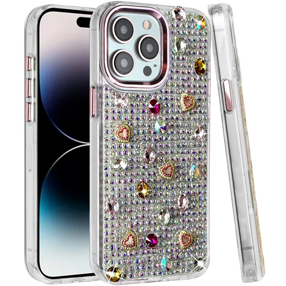 Phone Case for Apple iPhone 14 Pro Max Chrome Fashion Hybrid Bling Diamond Heart Rhinestone Decorative Stones Sparkling Embellished Design Cover