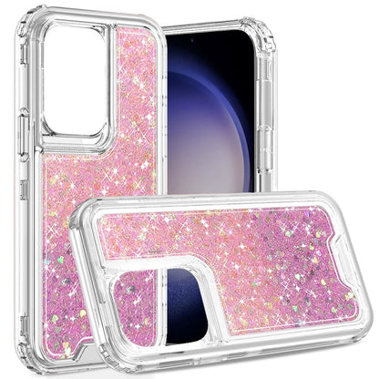 For Samsung Galaxy S24 Epoxy Bling Glitter Sparkly 3-in-1 Transparent Hybrid Full-Body Shockproof PC Bumper Case Cover Pink + Light Blue