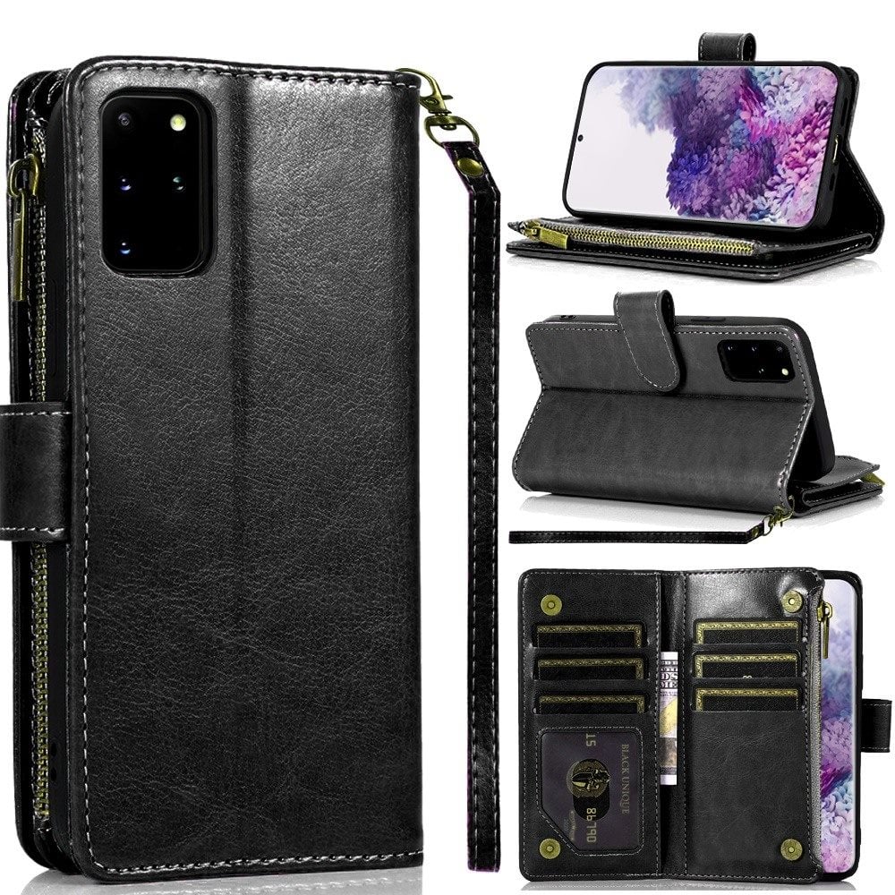 Phone Case for Galaxy S20+ Plus Luxury Leather Wallet Card Holder Zipper Pocket Money Storage Protective Grip Design with Strap Cover Black