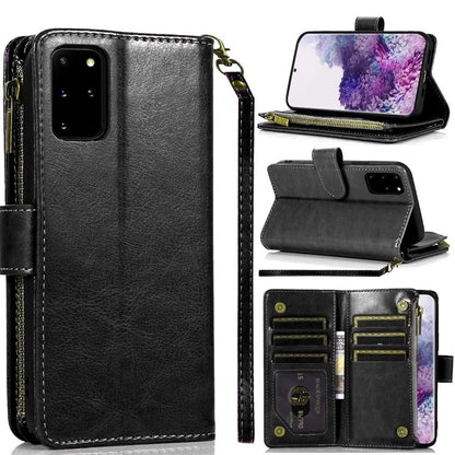 Phone Case for Galaxy S20+ Plus Luxury Leather Wallet Card Holder Zipper Pocket Money Storage Protective Grip Design with Strap Cover Black