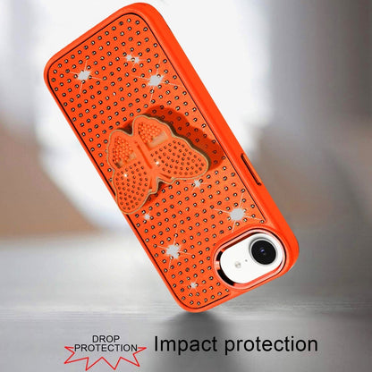 Phone Case for Apple iPhone 17E /16E Butterfly Grip Pop Stand Diamond Sparkle Hybrid Shockproof Metal Button Slim Protective Grip Decorative Design Cover Cosmic Orange