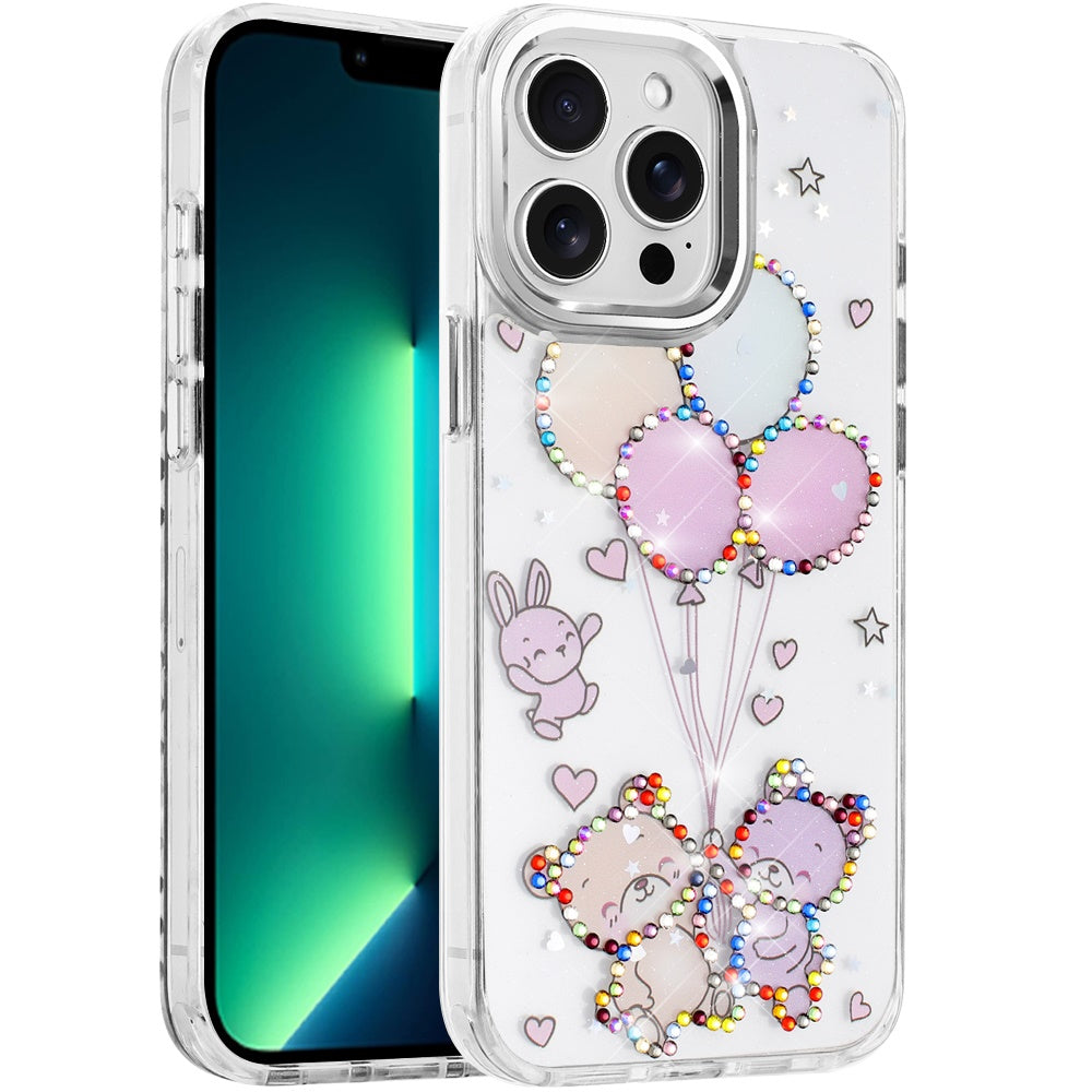For Apple iPhone 13 Pro Max Butterfly Resin Epoxy Diamond Design Metal Edged Hybrid Shockproof Heavy Duty Drop Protection Case Cover