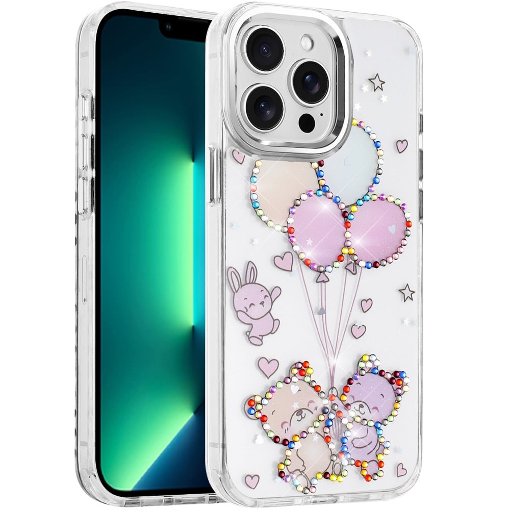 For Apple iPhone 13 Pro Max Butterfly Resin Epoxy Diamond Design Metal Edged Hybrid Shockproof Heavy Duty Drop Protection Case Cover