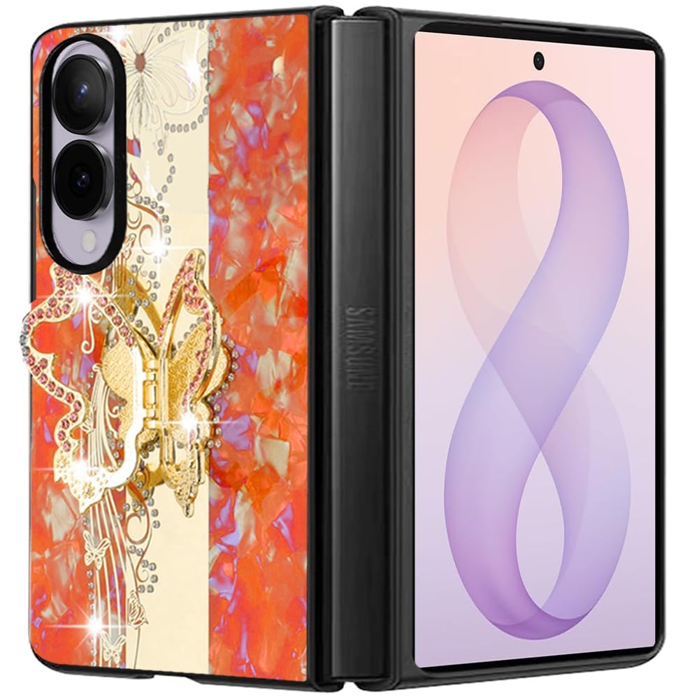 Phone Case for Samsung Galaxy Z Fold 8 Diamond 3D Fashion Floral Glitter Engraved Luxury Bling Hybrid Shockproof Chrome Edge Protective Grip Cover