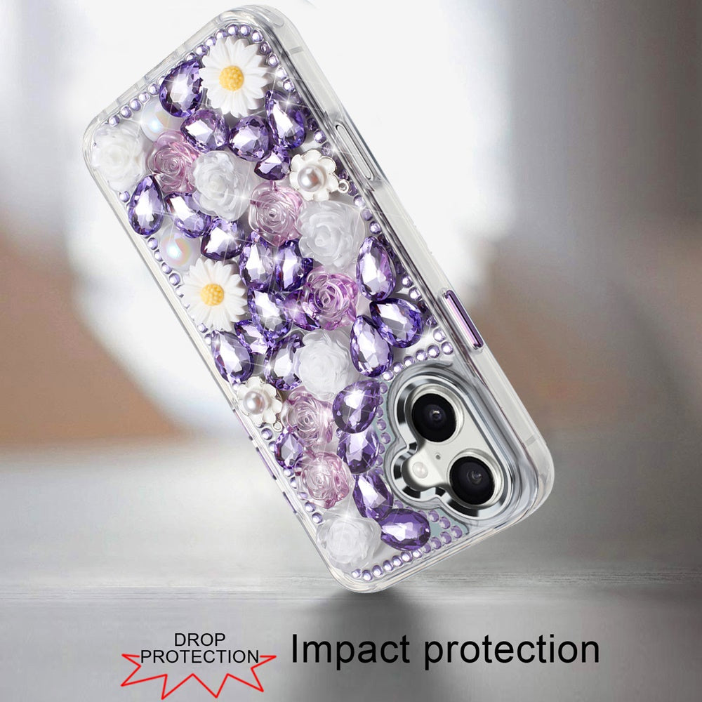 For Apple iPhone 15 Pro Max Fashion Daisy Floral Series, Full 3D Bling Crystal Diamonds Sparkling Rhinestone Glitter Hybrid Design Case Cover Purple