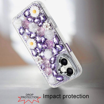 For Apple iPhone 15 Pro Max Fashion Daisy Floral Series, Full 3D Bling Crystal Diamonds Sparkling Rhinestone Glitter Hybrid Design Case Cover Purple