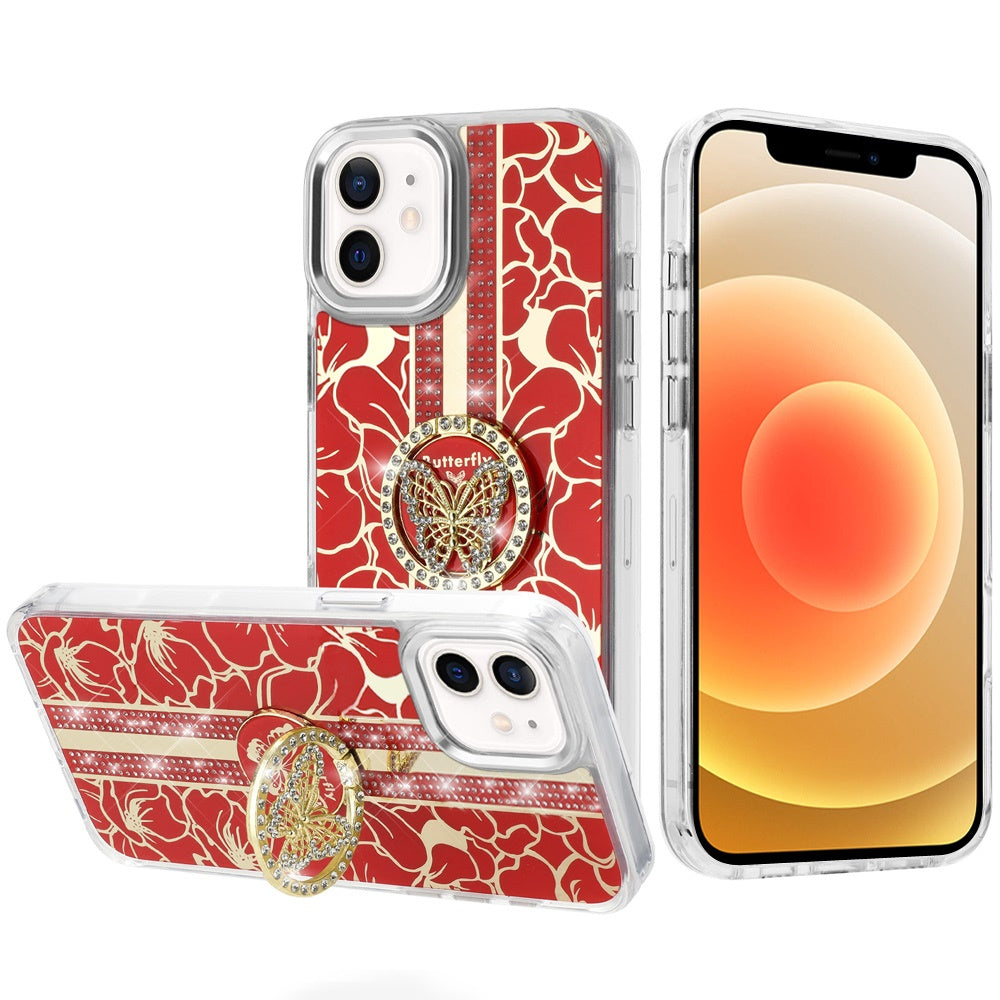 For Motorola Moto G Stylus 5G 2025 Diamonds 3D Butterfly Floral Design Bling Sparkly Glitter Hybrid Metal Fashion with Ring Stand Case Cover